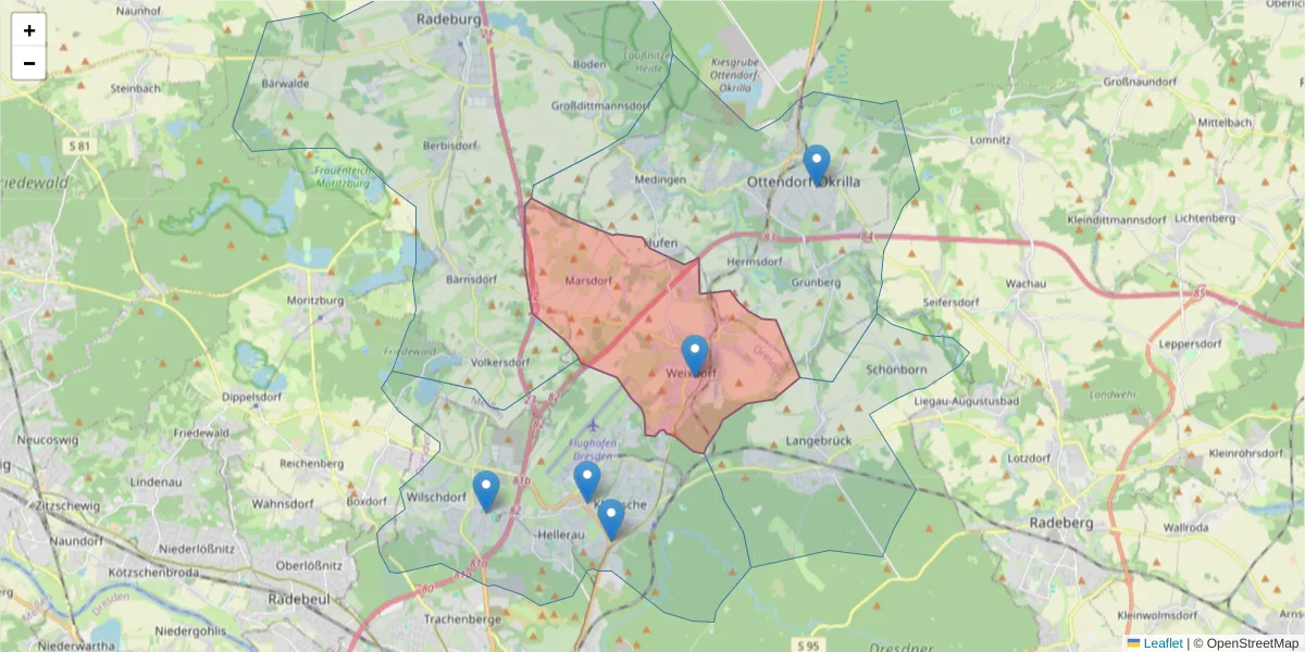 Karte des Postleitzahlen Bereichs  und der umliegenden Postleitzahlen in Deutschland