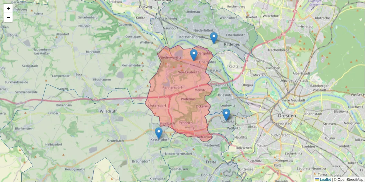 Karte des Postleitzahlen Bereichs  und der umliegenden Postleitzahlen in Deutschland