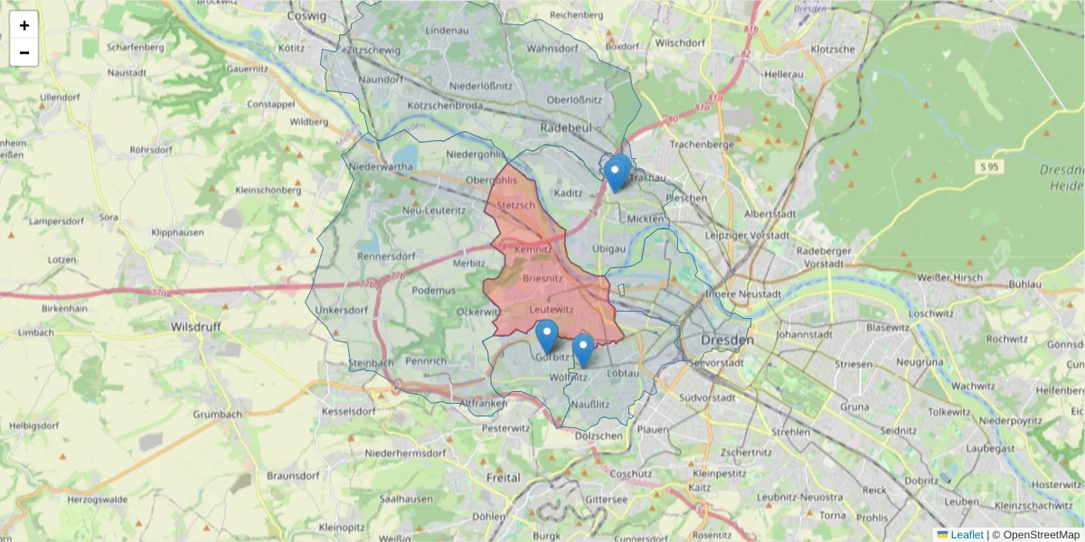 Karte des Postleitzahlen Bereichs  und der umliegenden Postleitzahlen in Deutschland
