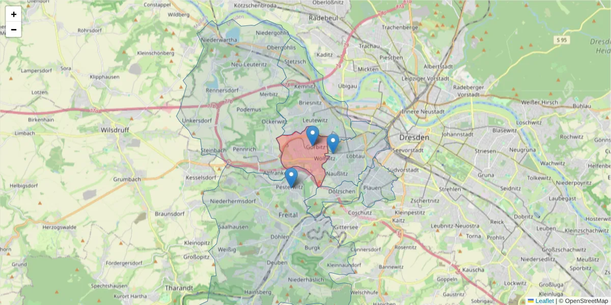 Karte des Postleitzahlen Bereichs  und der umliegenden Postleitzahlen in Deutschland