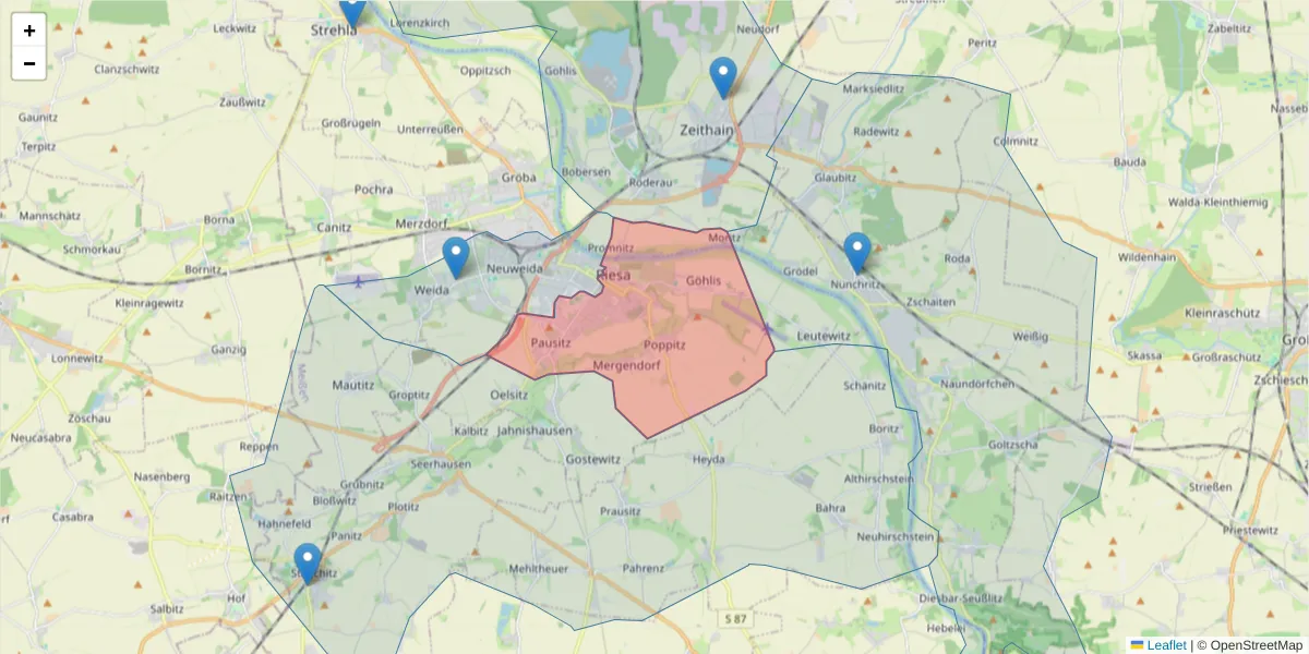Karte des Postleitzahlen Bereichs  und der umliegenden Postleitzahlen in Deutschland