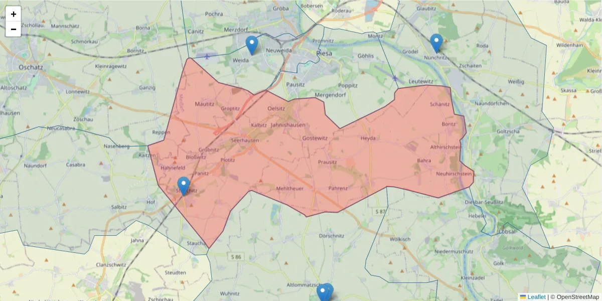Karte des Postleitzahlen Bereichs  und der umliegenden Postleitzahlen in Deutschland