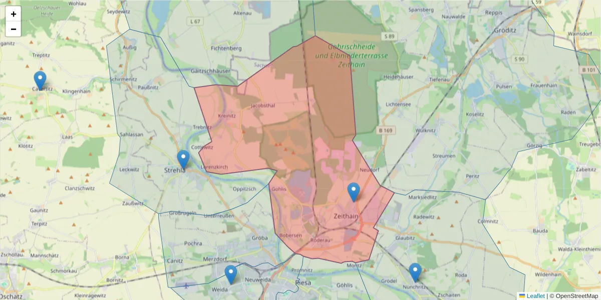 Karte des Postleitzahlen Bereichs  und der umliegenden Postleitzahlen in Deutschland