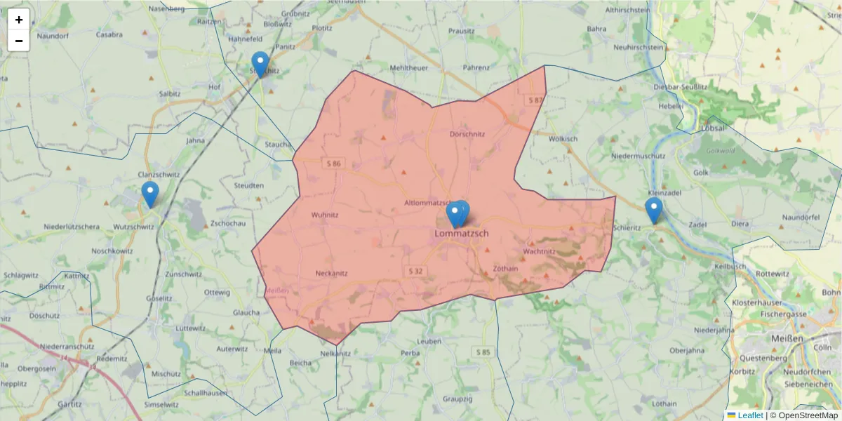 Karte des Postleitzahlen Bereichs  und der umliegenden Postleitzahlen in Deutschland