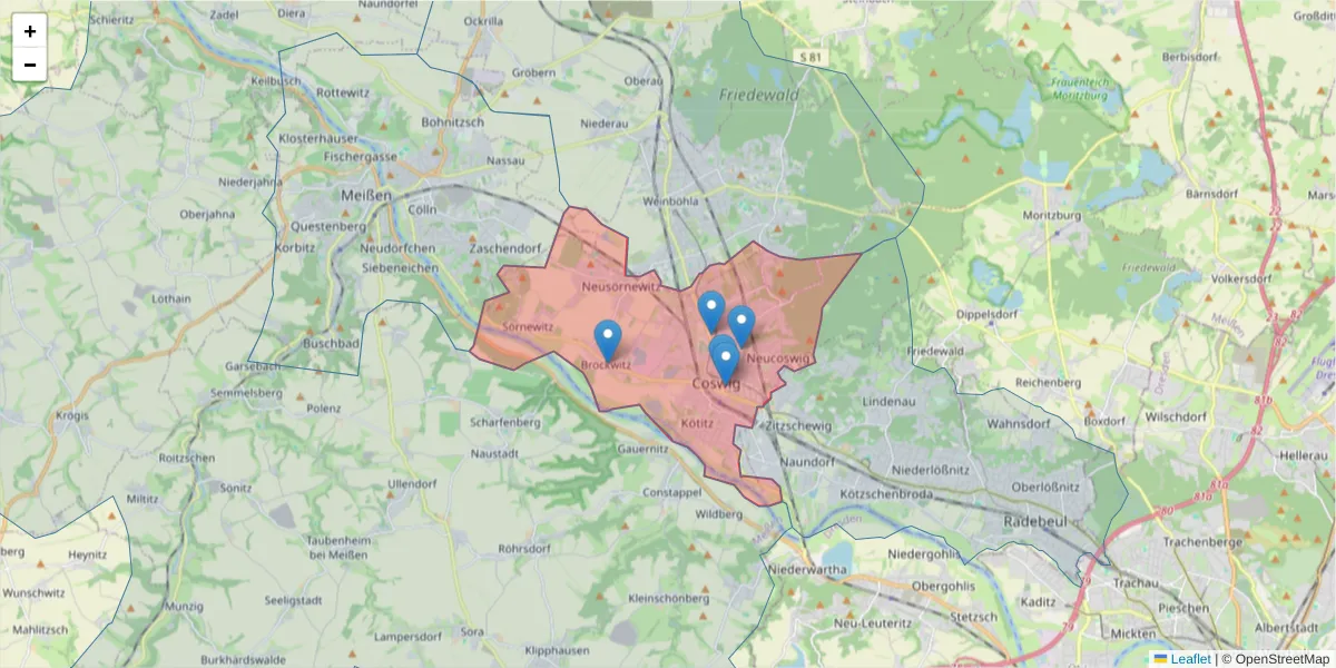 Karte des Postleitzahlen Bereichs  und der umliegenden Postleitzahlen in Deutschland