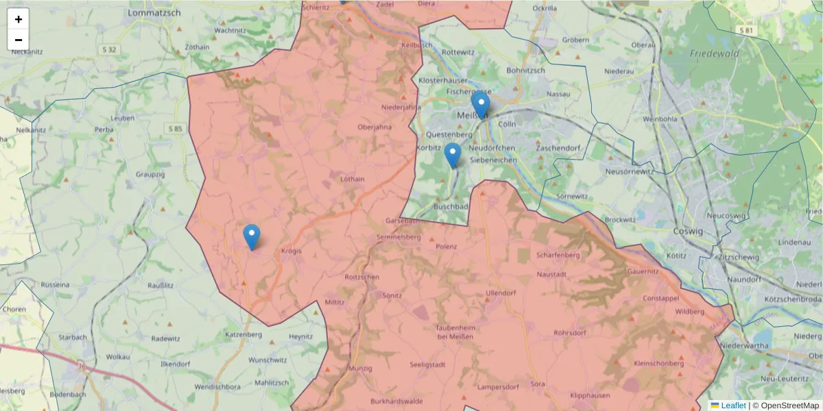 Karte des Postleitzahlen Bereichs  und der umliegenden Postleitzahlen in Deutschland