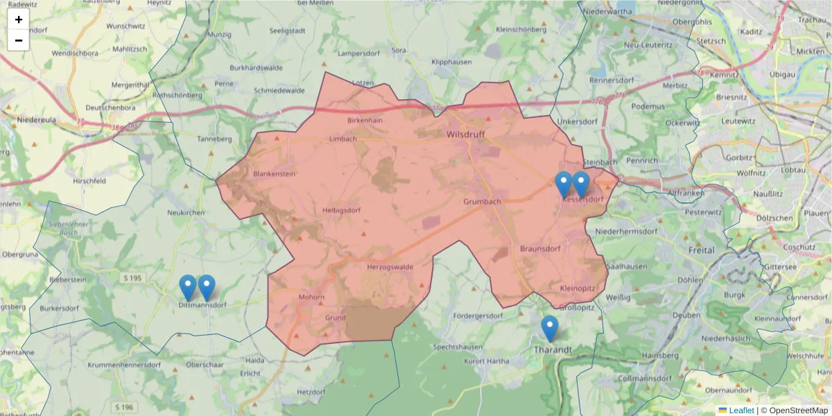 Karte des Postleitzahlen Bereichs  und der umliegenden Postleitzahlen in Deutschland
