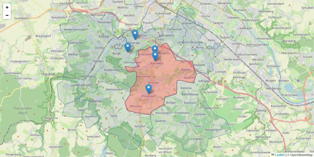Karte des Postleitzahlen Bereichs  und der umliegenden Postleitzahlen in Deutschland