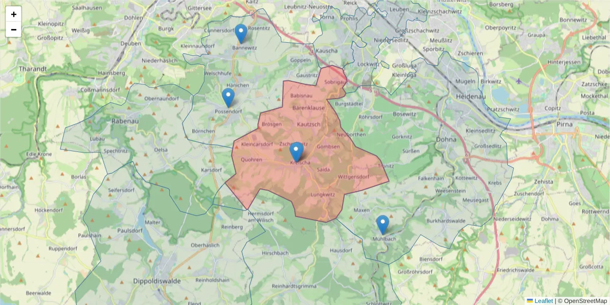 Karte des Postleitzahlen Bereichs  und der umliegenden Postleitzahlen in Deutschland