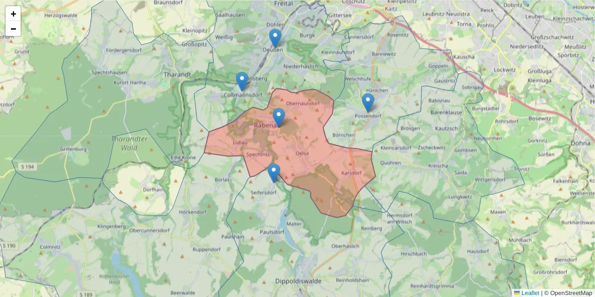 Karte des Postleitzahlen Bereichs  und der umliegenden Postleitzahlen in Deutschland