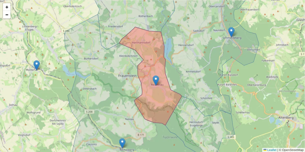 Karte des Postleitzahlen Bereichs  und der umliegenden Postleitzahlen in Deutschland