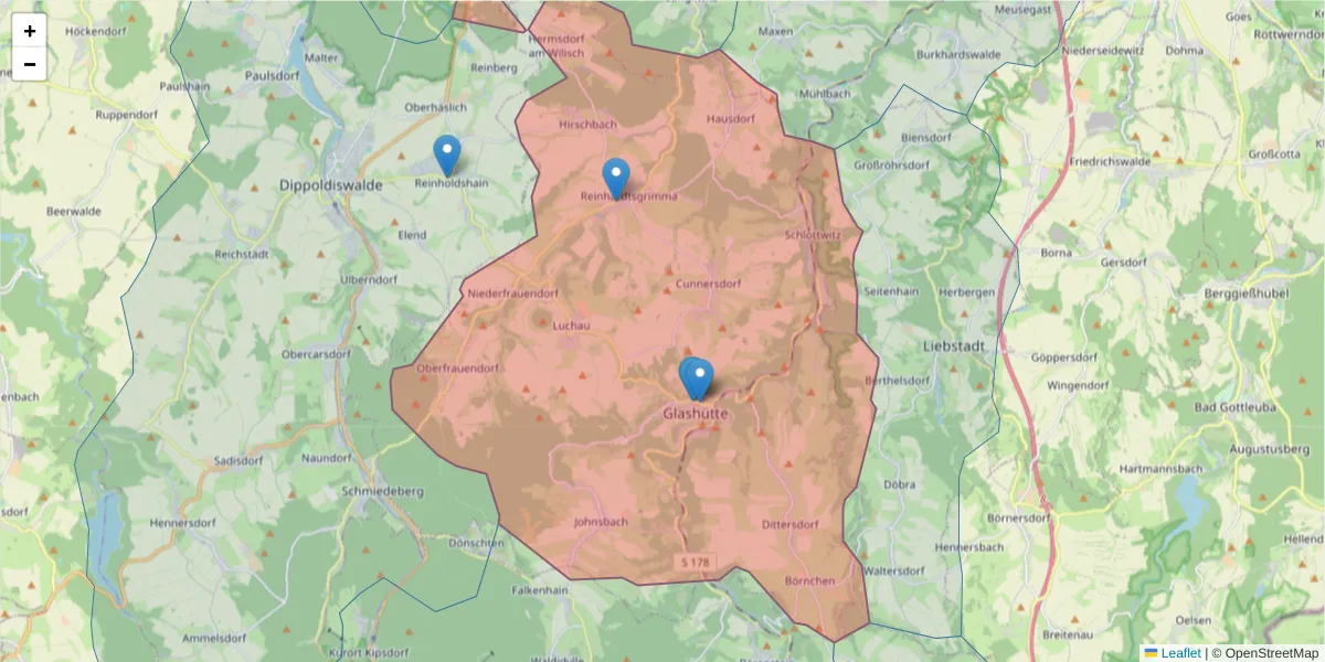 Karte des Postleitzahlen Bereichs  und der umliegenden Postleitzahlen in Deutschland