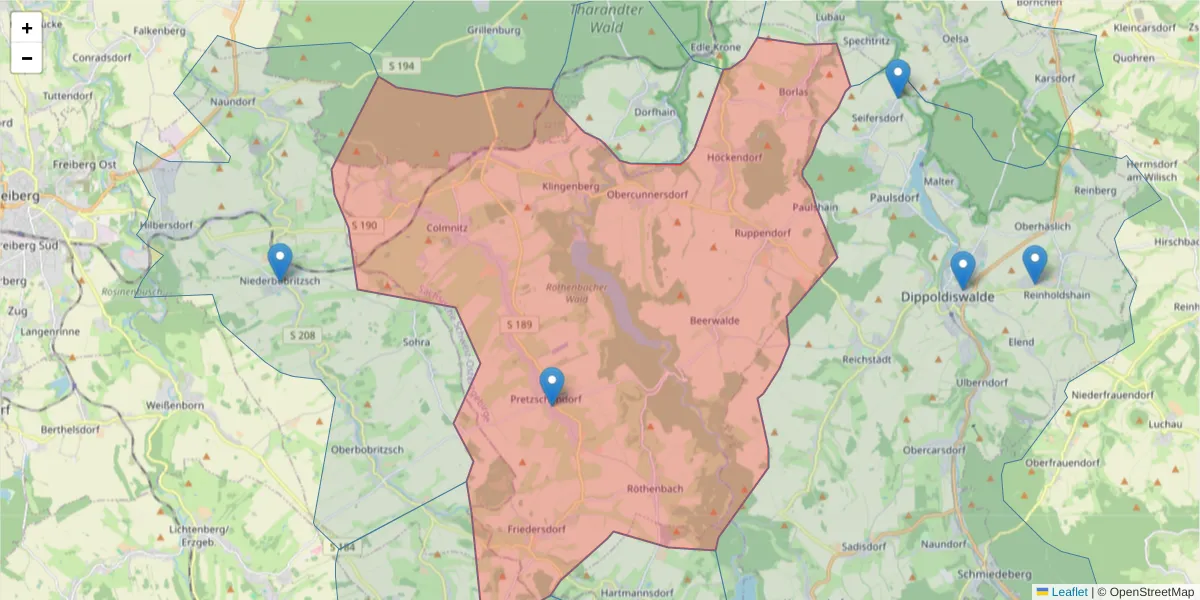 Karte des Postleitzahlen Bereichs  und der umliegenden Postleitzahlen in Deutschland