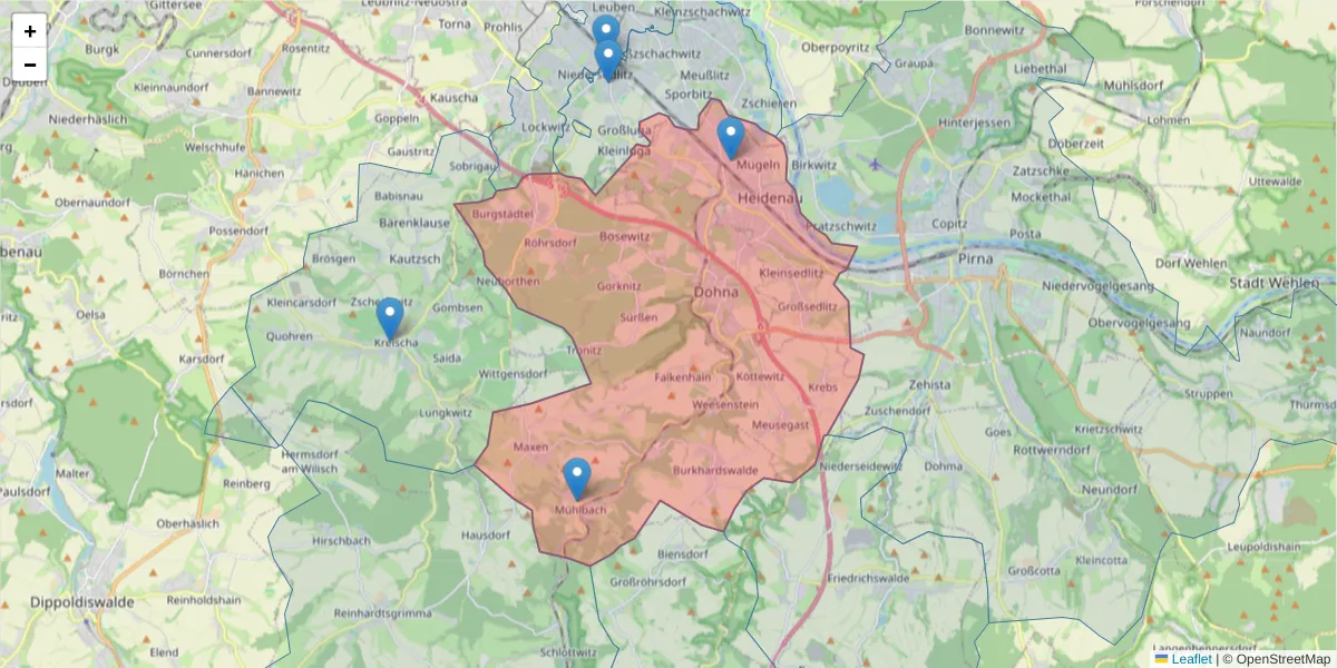 Karte des Postleitzahlen Bereichs  und der umliegenden Postleitzahlen in Deutschland