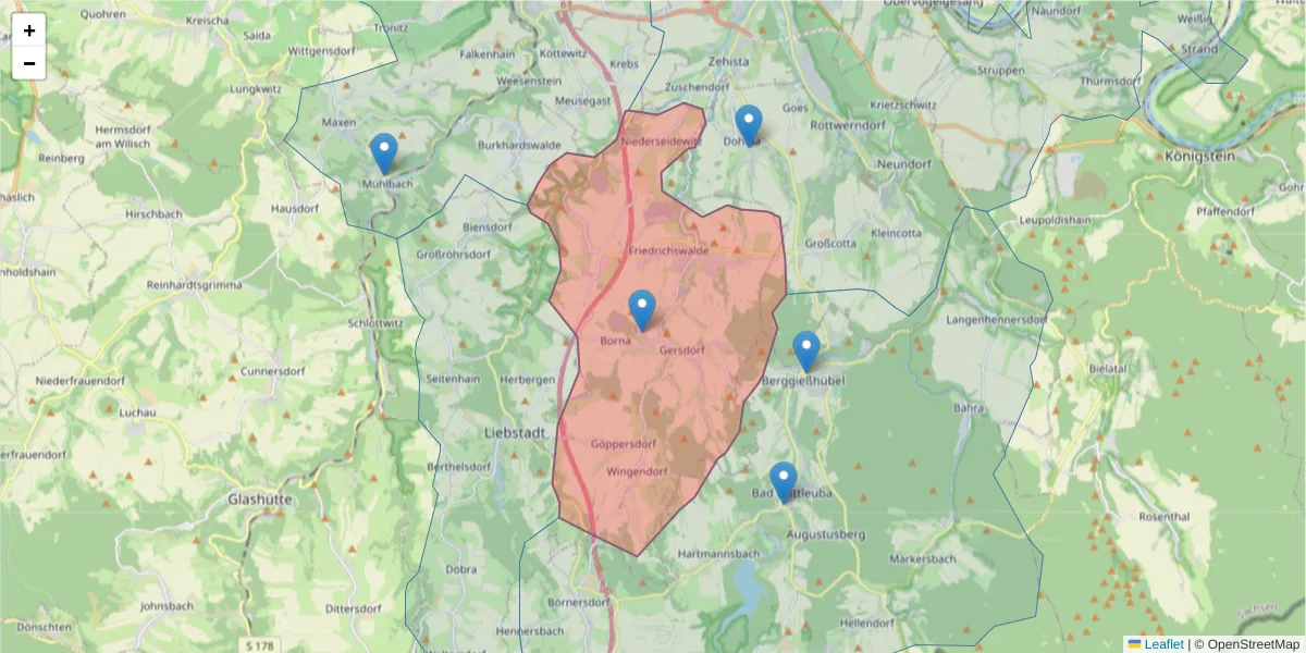 Karte des Postleitzahlen Bereichs  und der umliegenden Postleitzahlen in Deutschland