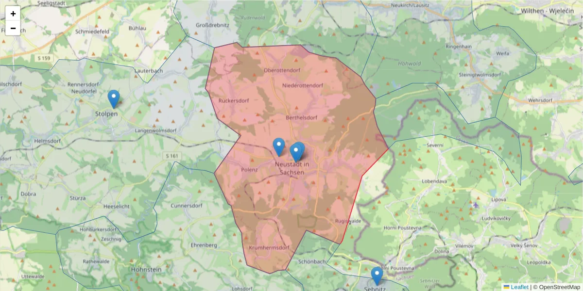 Karte des Postleitzahlen Bereichs  und der umliegenden Postleitzahlen in Deutschland