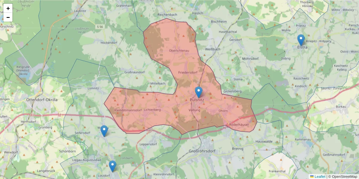 Karte des Postleitzahlen Bereichs  und der umliegenden Postleitzahlen in Deutschland