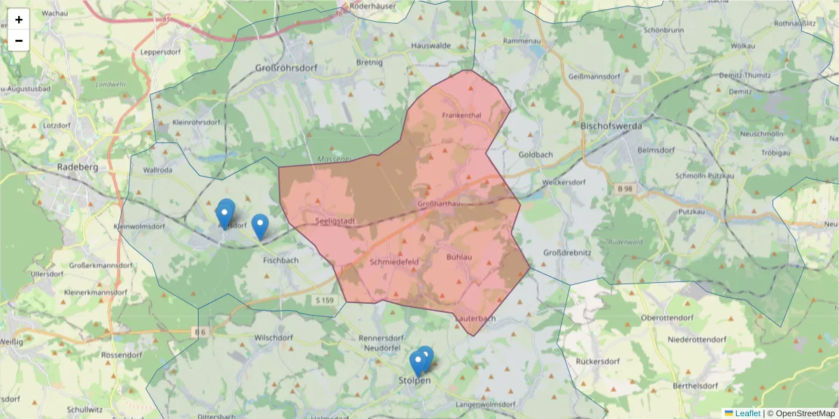 Karte des Postleitzahlen Bereichs  und der umliegenden Postleitzahlen in Deutschland