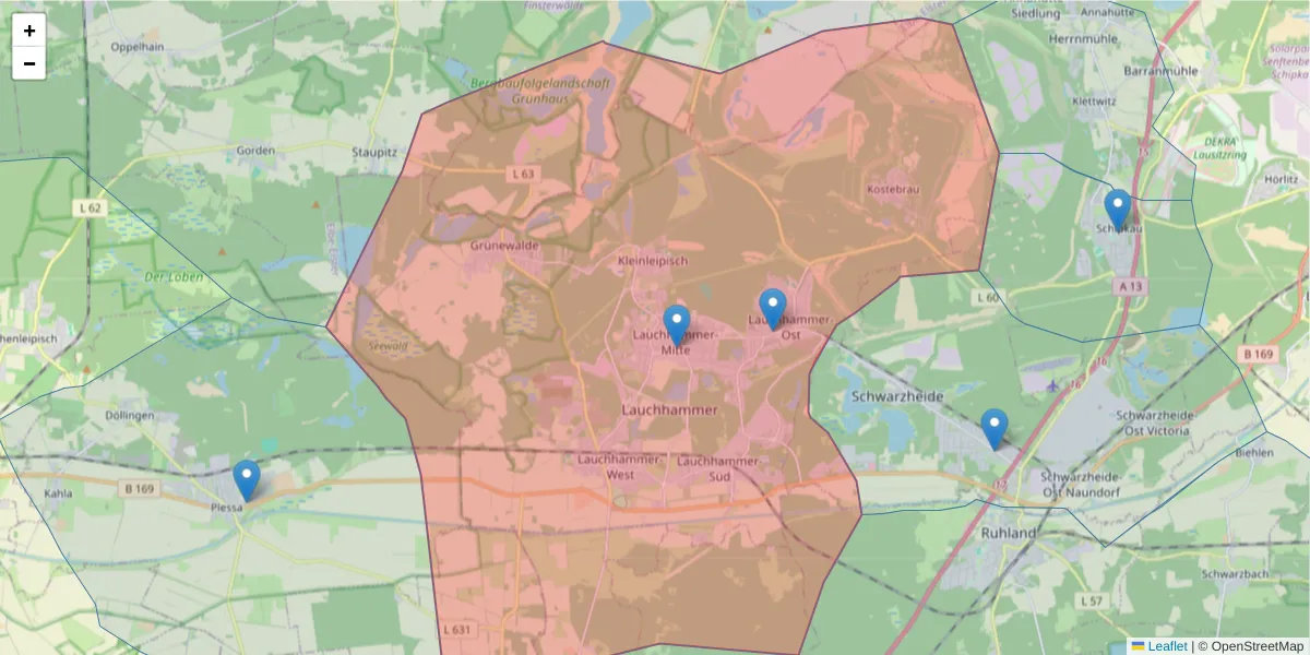 Karte des Postleitzahlen Bereichs  und der umliegenden Postleitzahlen in Deutschland