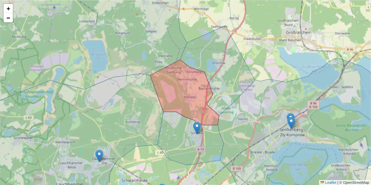 Karte des Postleitzahlen Bereichs  und der umliegenden Postleitzahlen in Deutschland