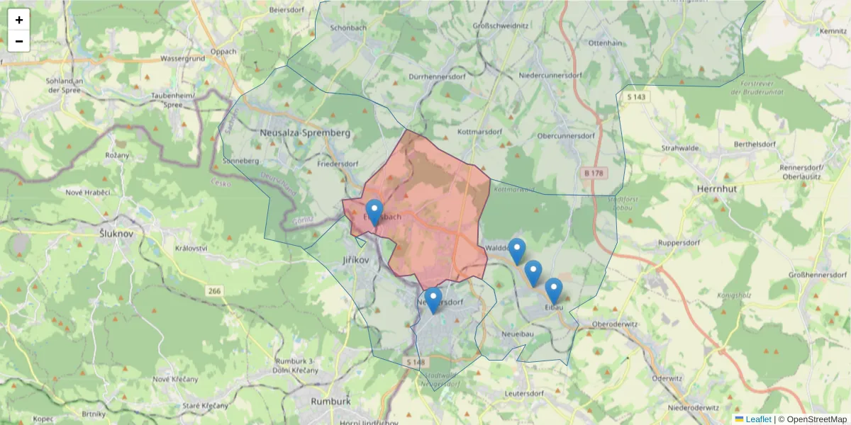 Karte des Postleitzahlen Bereichs  und der umliegenden Postleitzahlen in Deutschland