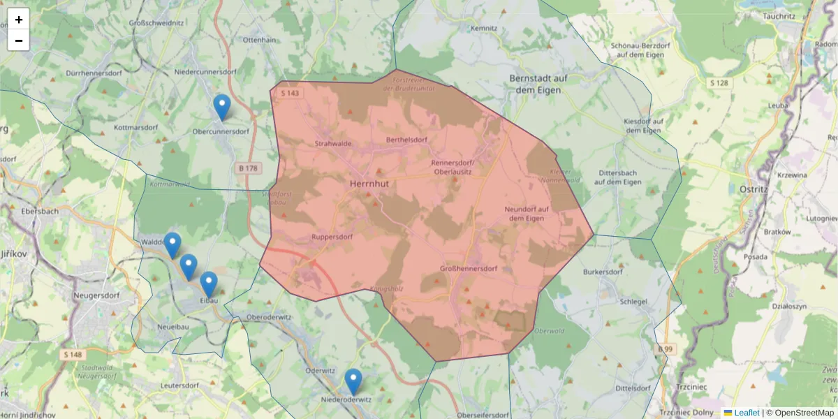 Karte des Postleitzahlen Bereichs  und der umliegenden Postleitzahlen in Deutschland