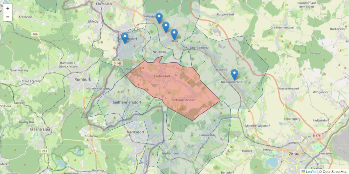 Karte des Postleitzahlen Bereichs  und der umliegenden Postleitzahlen in Deutschland