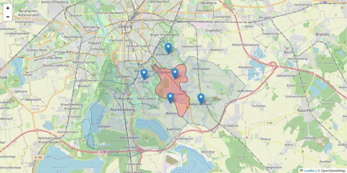 Karte des Postleitzahlen Bereichs  und der umliegenden Postleitzahlen in Deutschland