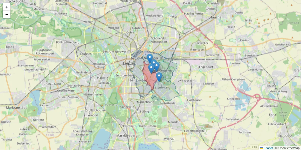Karte des Postleitzahlen Bereichs  und der umliegenden Postleitzahlen in Deutschland