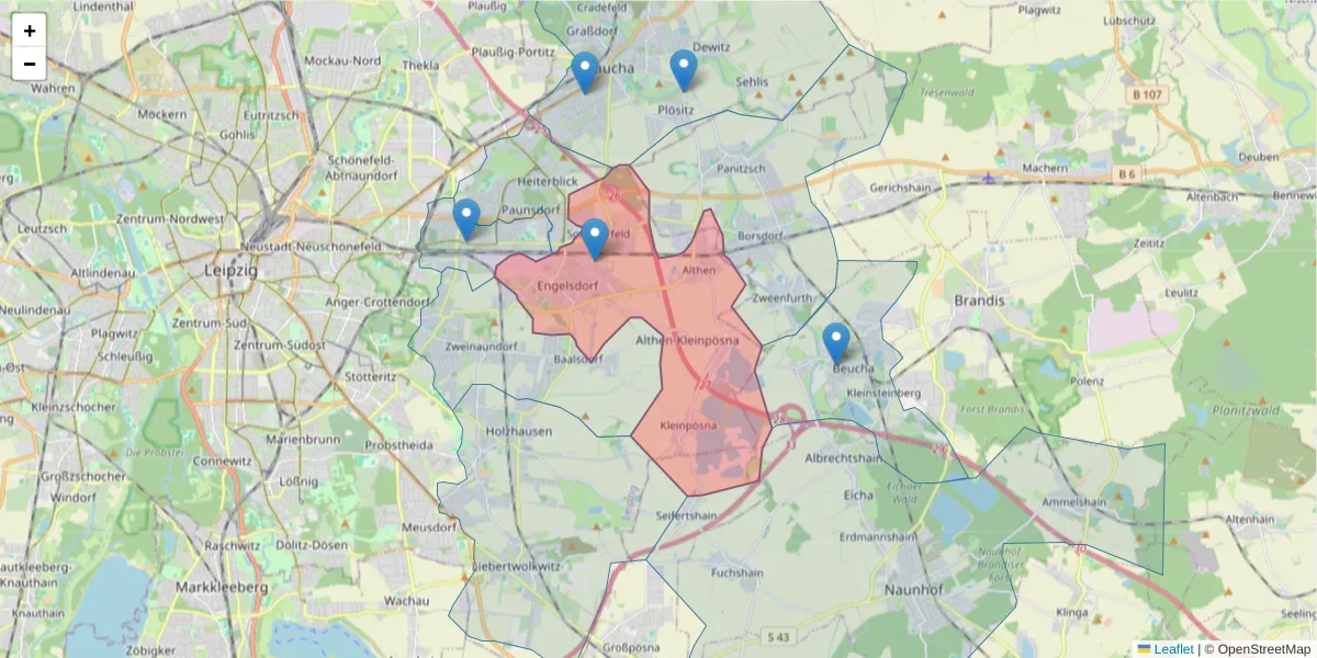 Karte des Postleitzahlen Bereichs  und der umliegenden Postleitzahlen in Deutschland
