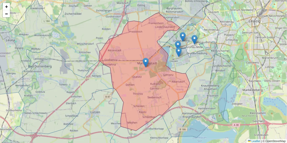 Karte des Postleitzahlen Bereichs  und der umliegenden Postleitzahlen in Deutschland