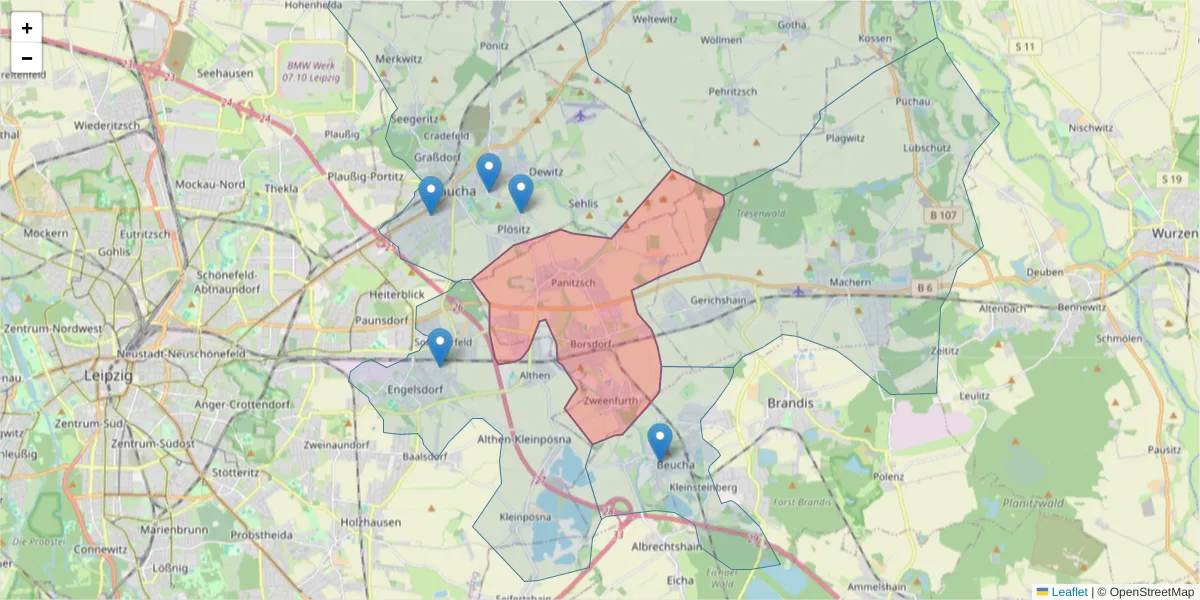 Karte des Postleitzahlen Bereichs  und der umliegenden Postleitzahlen in Deutschland