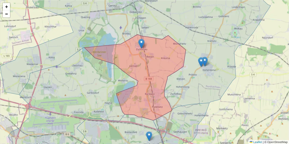 Karte des Postleitzahlen Bereichs  und der umliegenden Postleitzahlen in Deutschland