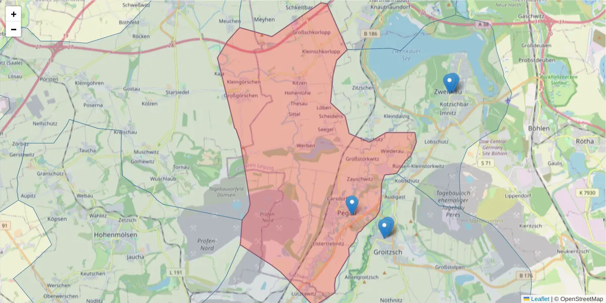 Karte des Postleitzahlen Bereichs  und der umliegenden Postleitzahlen in Deutschland
