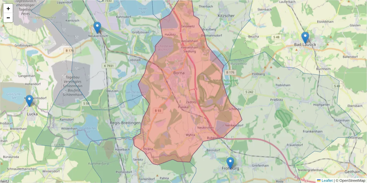 Karte des Postleitzahlen Bereichs  und der umliegenden Postleitzahlen in Deutschland