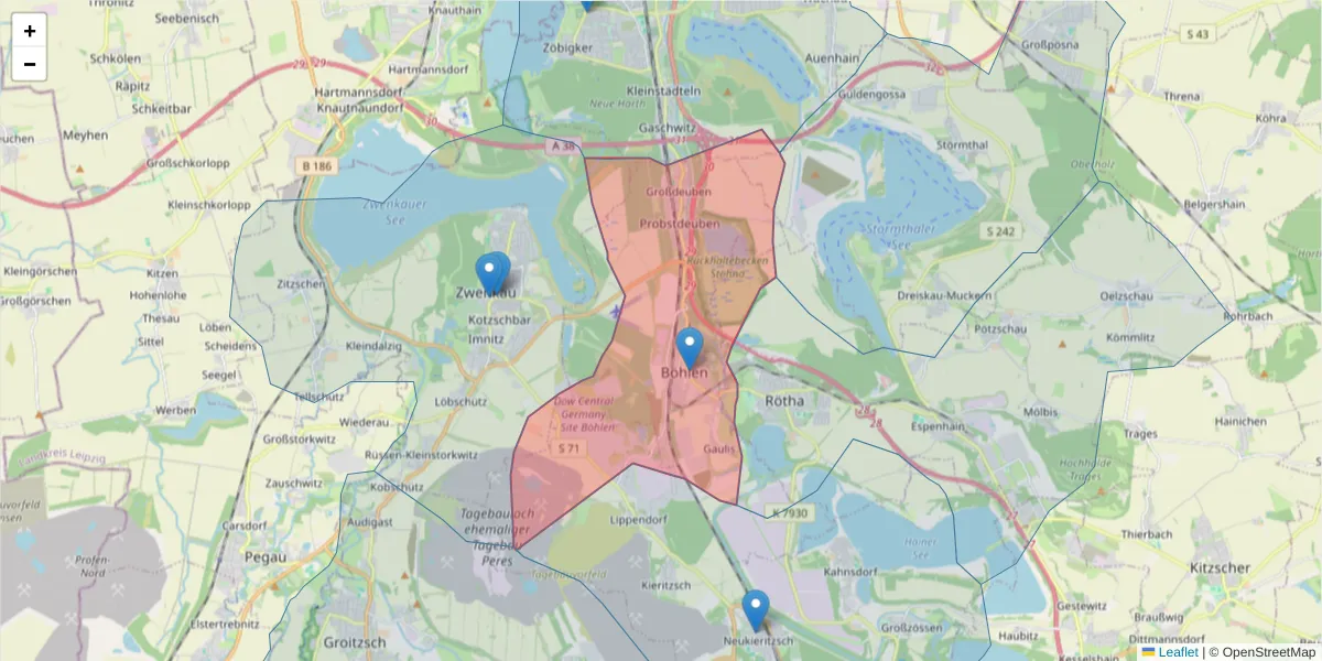 Karte des Postleitzahlen Bereichs  und der umliegenden Postleitzahlen in Deutschland