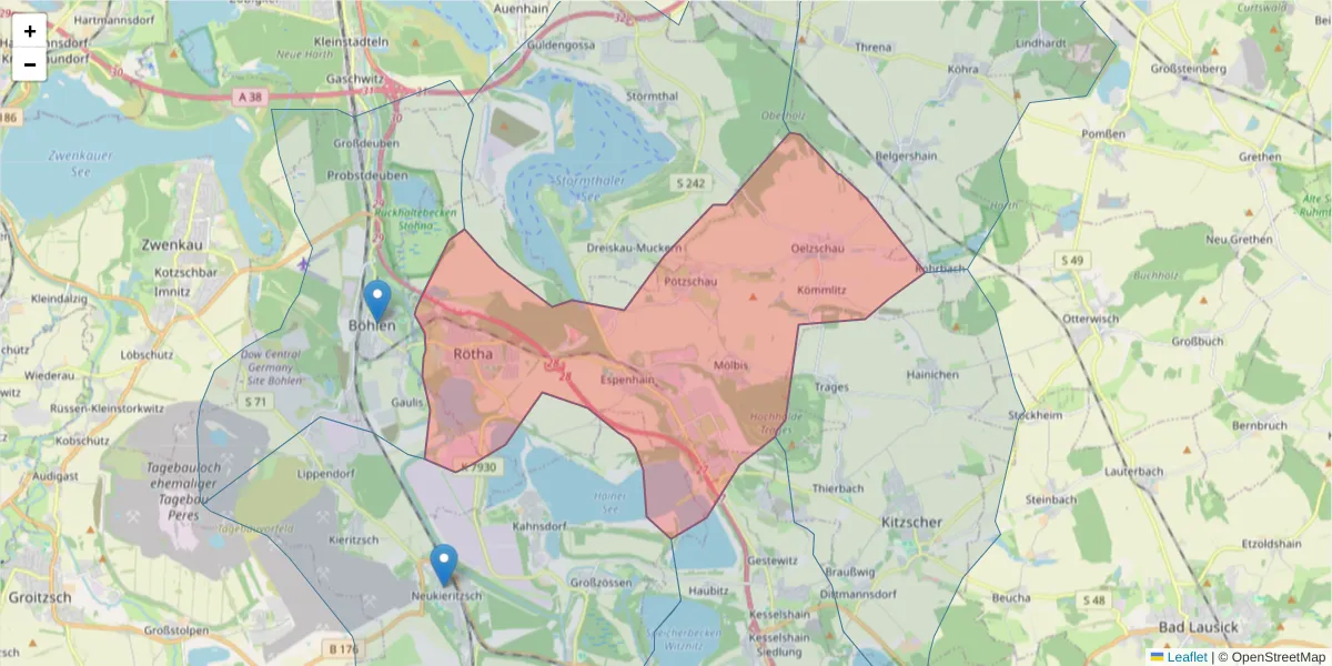 Karte des Postleitzahlen Bereichs  und der umliegenden Postleitzahlen in Deutschland