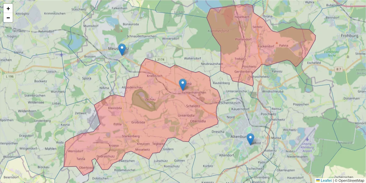 Karte des Postleitzahlen Bereichs  und der umliegenden Postleitzahlen in Deutschland