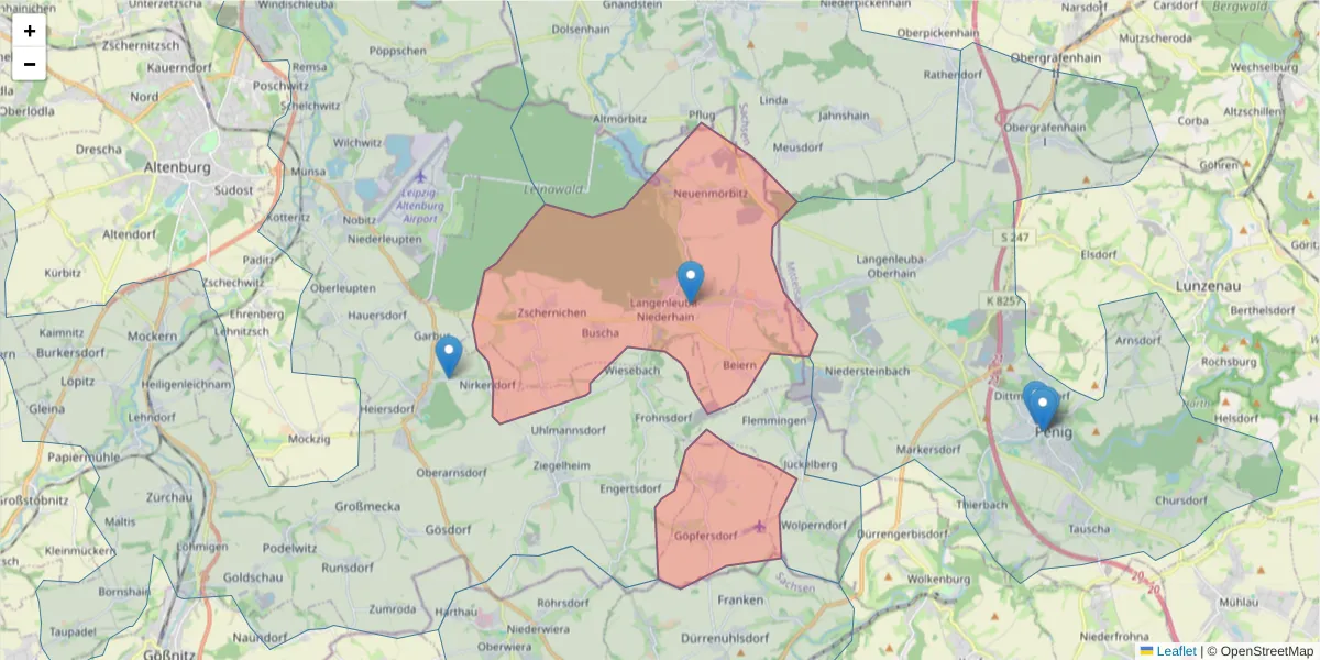 Karte des Postleitzahlen Bereichs  und der umliegenden Postleitzahlen in Deutschland