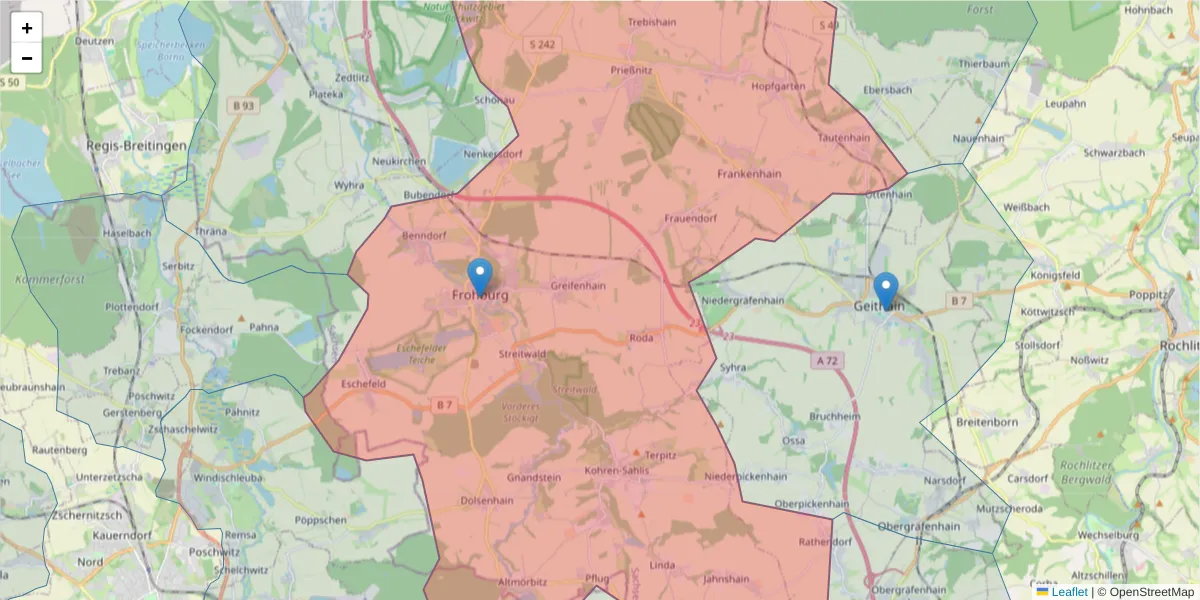 Karte des Postleitzahlen Bereichs  und der umliegenden Postleitzahlen in Deutschland