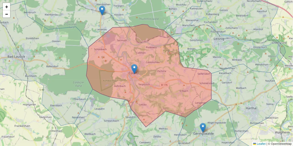 Karte des Postleitzahlen Bereichs  und der umliegenden Postleitzahlen in Deutschland
