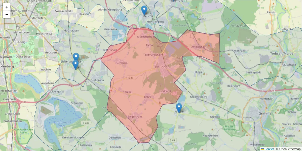 Karte des Postleitzahlen Bereichs  und der umliegenden Postleitzahlen in Deutschland