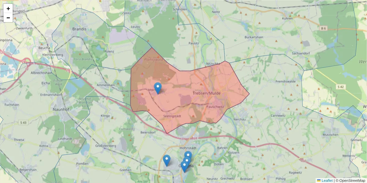 Karte des Postleitzahlen Bereichs  und der umliegenden Postleitzahlen in Deutschland