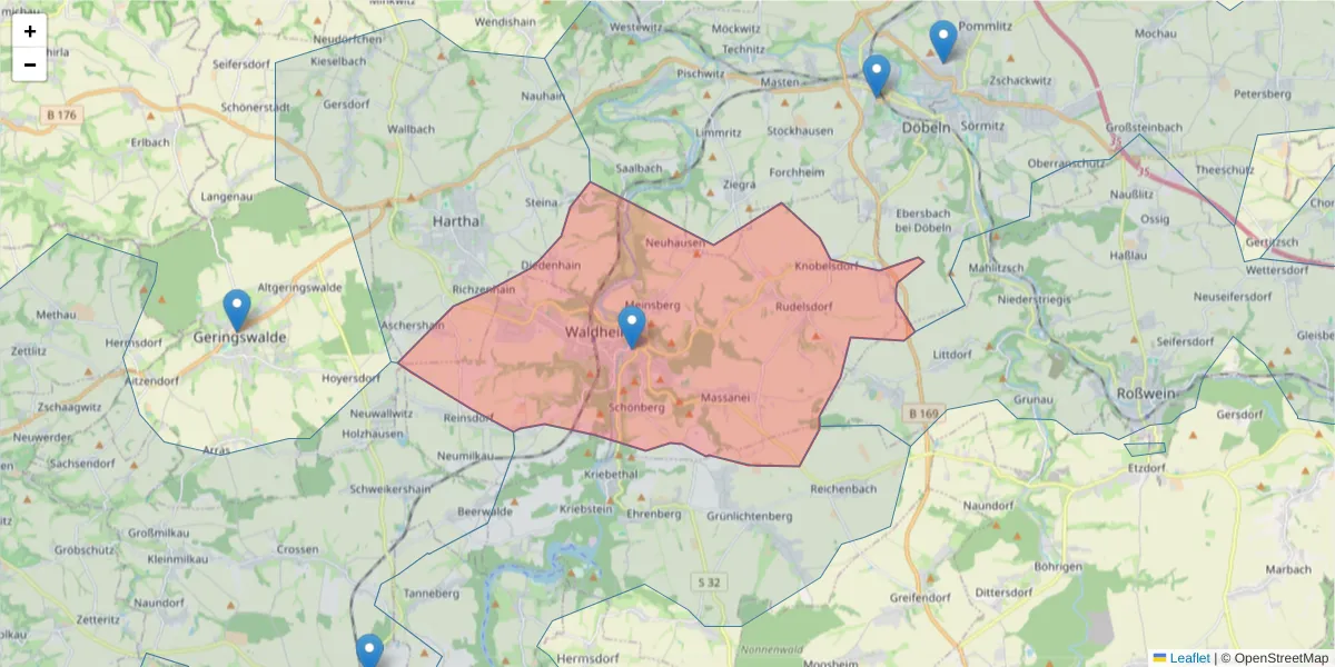 Karte des Postleitzahlen Bereichs  und der umliegenden Postleitzahlen in Deutschland