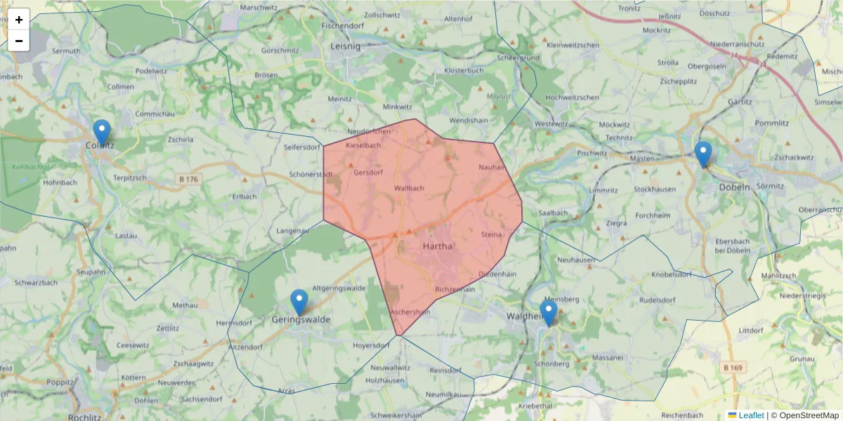 Karte des Postleitzahlen Bereichs  und der umliegenden Postleitzahlen in Deutschland