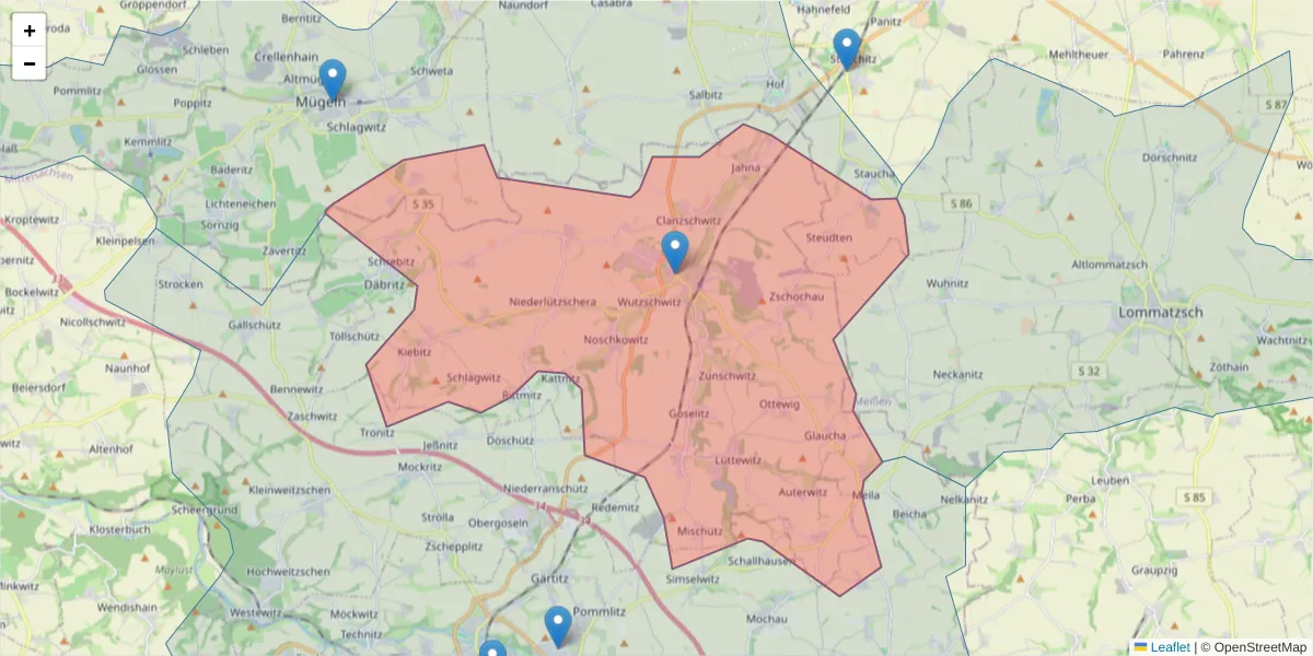 Karte des Postleitzahlen Bereichs  und der umliegenden Postleitzahlen in Deutschland