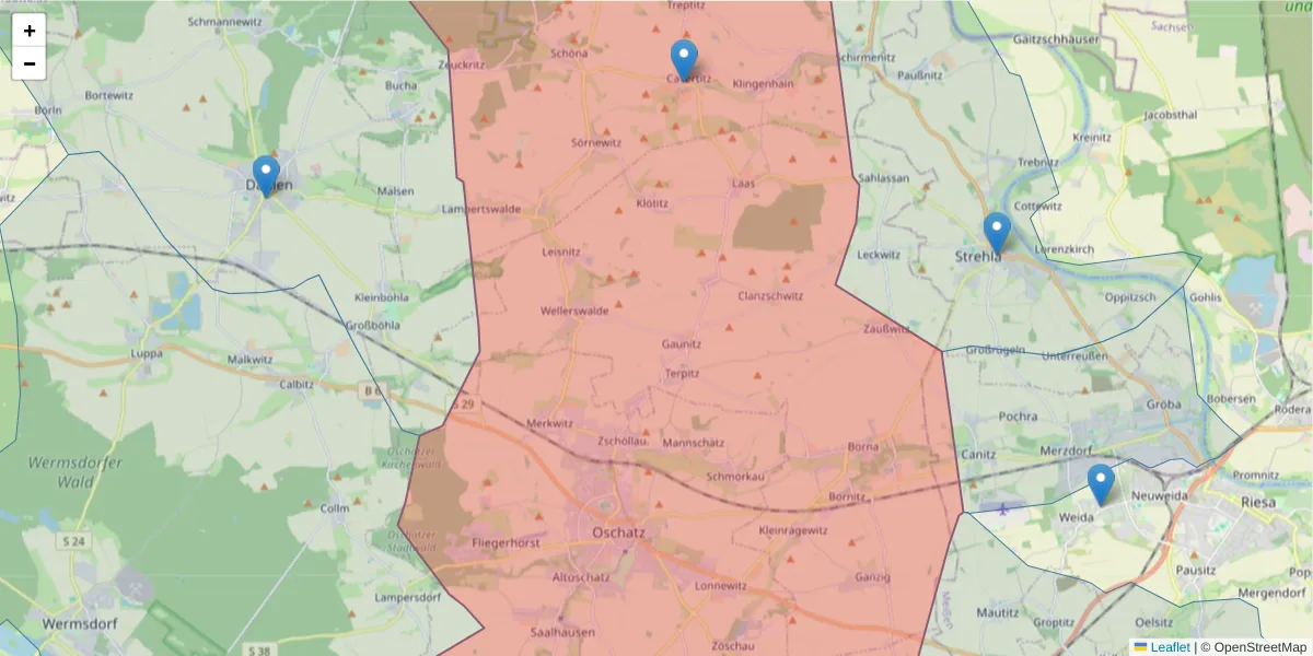 Karte des Postleitzahlen Bereichs  und der umliegenden Postleitzahlen in Deutschland