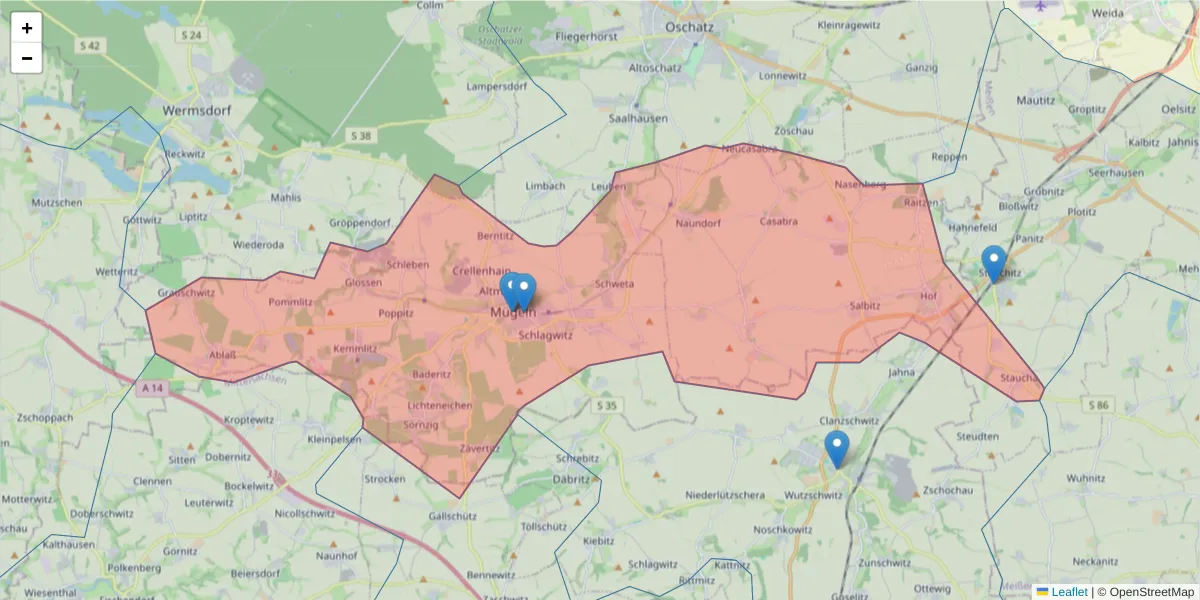 Karte des Postleitzahlen Bereichs  und der umliegenden Postleitzahlen in Deutschland
