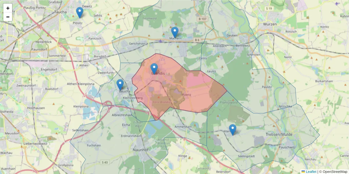 Karte des Postleitzahlen Bereichs  und der umliegenden Postleitzahlen in Deutschland