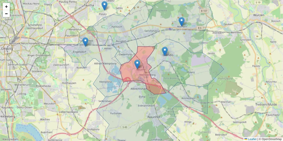 Karte des Postleitzahlen Bereichs  und der umliegenden Postleitzahlen in Deutschland